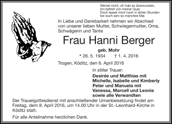 Traueranzeige von Hanni Berger von Frankenpost
