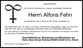 Traueranzeige von Alfons Fehn von Neue Presse Coburg
