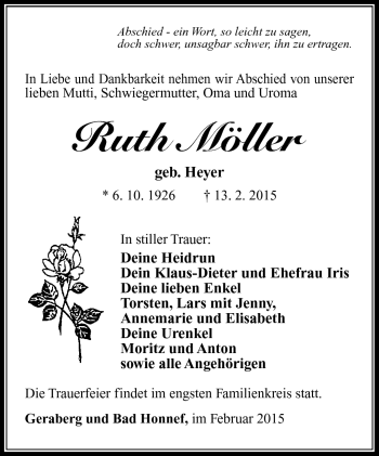 Traueranzeige von Ruth Möller von Südthüringer Presse