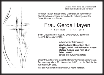 Traueranzeige von Gerda Hayen von Frankenpost