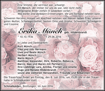 Traueranzeige von Erika Münch von Südthüringer Presse