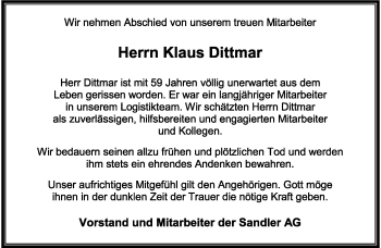 Traueranzeige von Klaus Dittmar von Frankenpost
