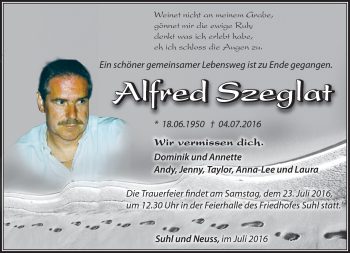 Traueranzeige von Alfred Szeglat von Südthüringer Presse