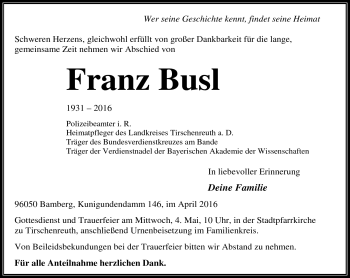 Traueranzeige von Franz Busl von Frankenpost
