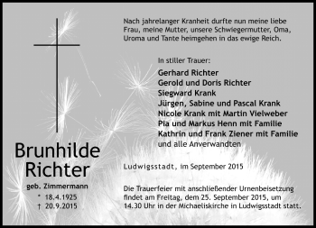 Traueranzeige von Brunhilde Richter von Neue Presse Coburg