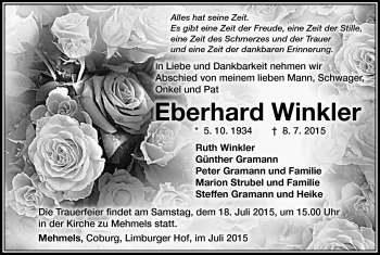 Traueranzeige von Eberhard Winkler von Südthüringer Presse
