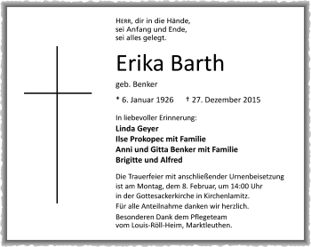 Traueranzeige von Erika Barth von Frankenpost