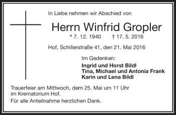 Traueranzeige von Winfrid Gropler von Frankenpost