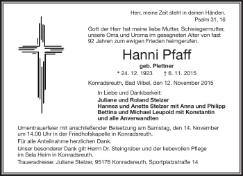 Traueranzeige von Hanni Pfaff von Frankenpost