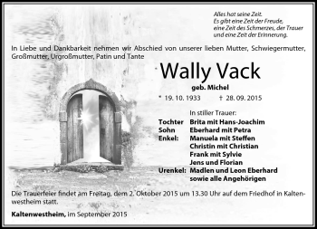 Traueranzeige von Wally Vack von Südthüringer Presse