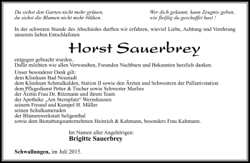 Traueranzeige von Horst Sauerbrey von Südthüringer Presse