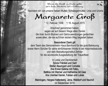 Traueranzeige von Margarete Groß von Südthüringer Presse