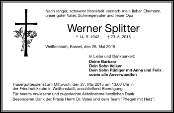 Traueranzeige von Werner Splitter von Frankenpost