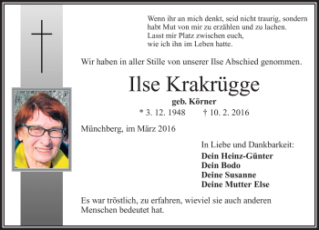 Traueranzeige von Ilse Krakrügge von Frankenpost