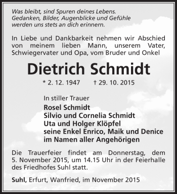 Traueranzeige von Dietrich Schmidt von Südthüringer Presse