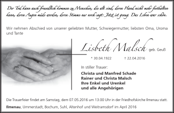 Traueranzeige von Lisbeth Malsch von Südthüringer Presse