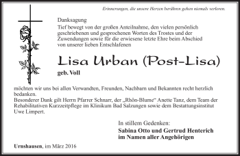 Traueranzeige von Lisa Urban von Südthüringer Presse