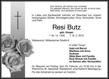 Traueranzeige von Resi Butz von Frankenpost