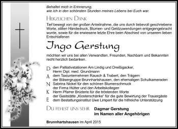 Traueranzeige von Ingo Gerstung von Südthüringer Presse