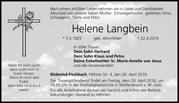 Traueranzeige von Helene Langbein von Neue Presse Coburg