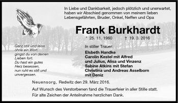 Traueranzeige von Frank Burkhardt von Neue Presse Coburg