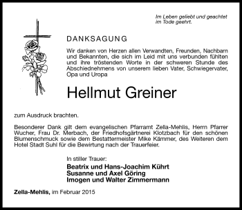 Traueranzeige von hellmut Greiner von Südthüringer Presse