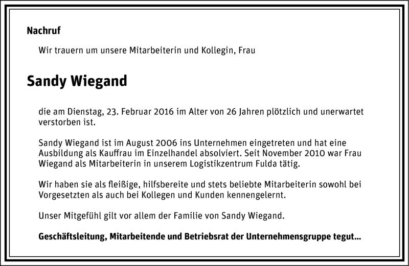  Traueranzeige für Sandy Wiegand vom 01.03.2016 aus Südthüringer Presse