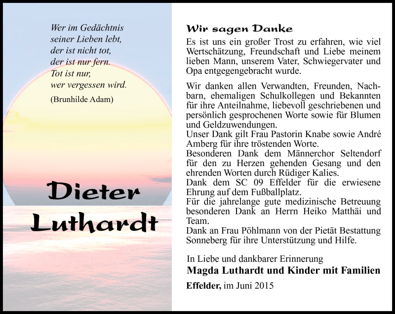  Traueranzeige für Dieter Luthardt vom 19.06.2015 aus Südthüringer Presse