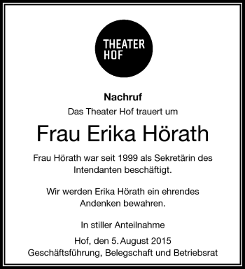 Traueranzeige von Erika Hörath von Frankenpost