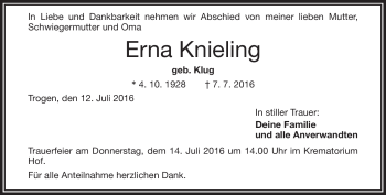 Traueranzeige von Erna Knieling von Frankenpost