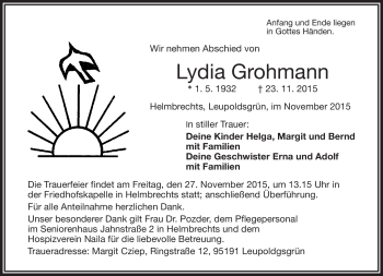 Traueranzeige von Lydia Grohmann von Frankenpost