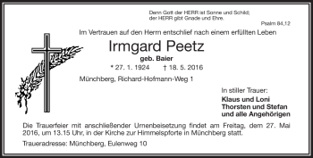 Traueranzeige von Irmgard Peetz von Frankenpost
