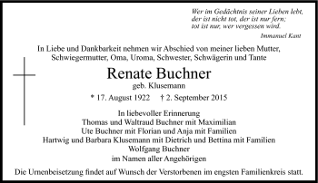 Traueranzeige von Renate Buchner von Frankenpost
