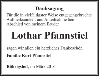 Traueranzeige von Lothar Pfannstiel von Südthüringer Presse