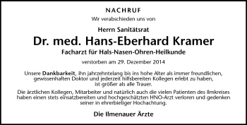 Traueranzeige von Hans-Eberhard Kramer von Südthüringer Presse