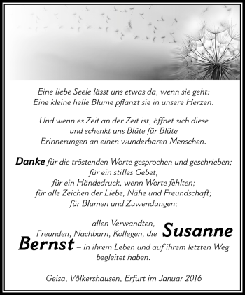 Traueranzeige von Susanne Bernst von Südthüringer Presse