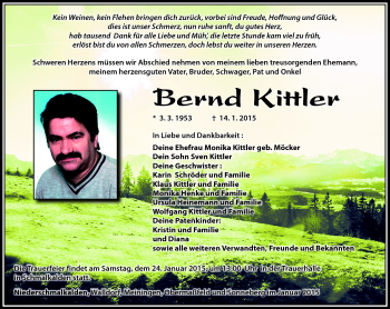 Traueranzeige von Bernd Kittler von Südthüringer Presse