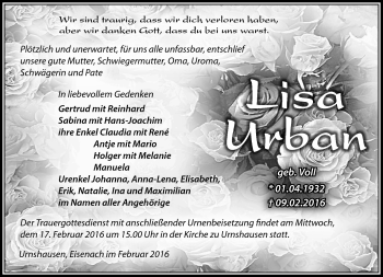 Traueranzeige von Lisa Urban von Südthüringer Presse