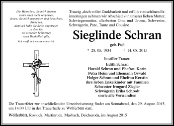 Traueranzeige von Sieglinde Schran von Südthüringer Presse