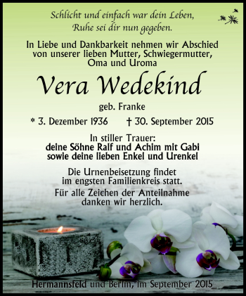 Traueranzeige von Vera Wedekind von Südthüringer Presse
