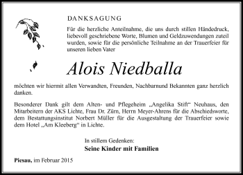 Traueranzeige von Alios Niedballa von Südthüringer Presse