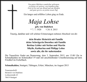 Traueranzeige von Maja Lohse von Südthüringer Presse