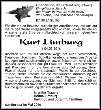 Traueranzeige von Kurt Limburg von Südthüringer Presse