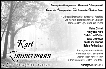 Traueranzeige von Karl Zimmermann von Südthüringer Presse