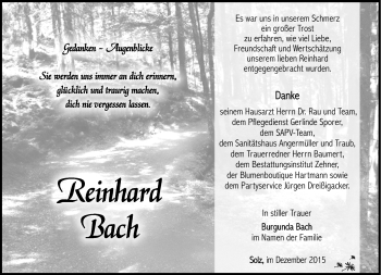 Traueranzeige von Reinhard Bach von Südthüringer Presse