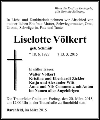 Traueranzeige von Liselotte Völker von Südthüringer Presse