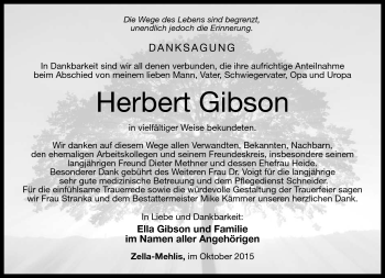 Traueranzeige von Herbert Gibson von Südthüringer Presse