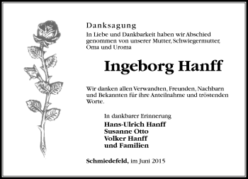 Traueranzeige von Ingeborg Hanff von Südthüringer Presse