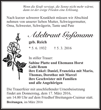Traueranzeige von Adeltraut Goßmann von Südthüringer Presse