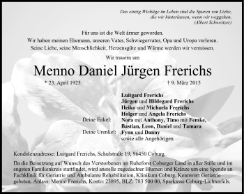 Traueranzeige von Menno Daniel Jürgen Frerichs von Neue Presse Coburg